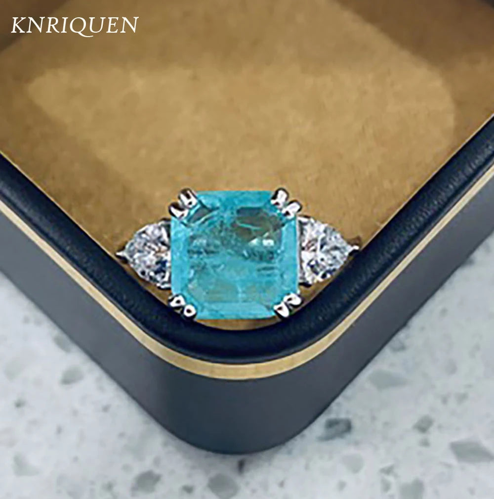 Sterling Silver Blue Tourmaline Square Cut Simulated Gemstone Diamond Ring for Women