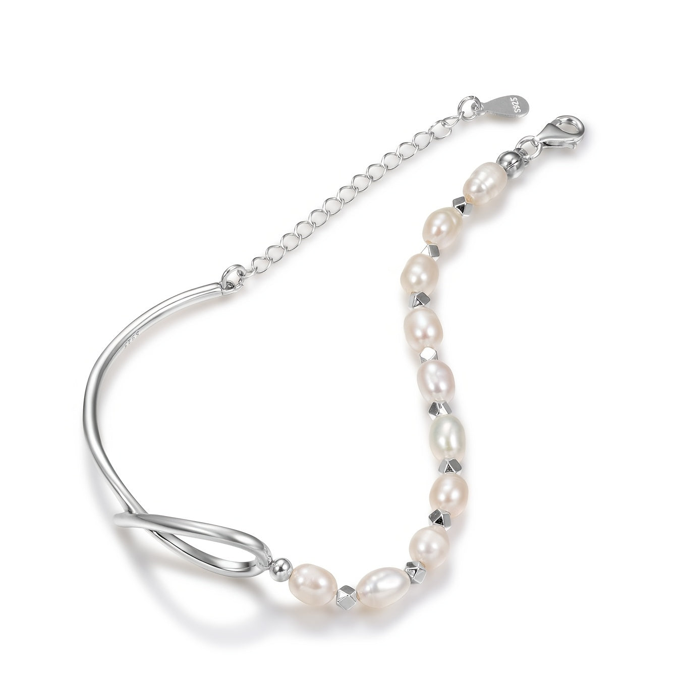 Pearl bracelet with silver clasp on a white background