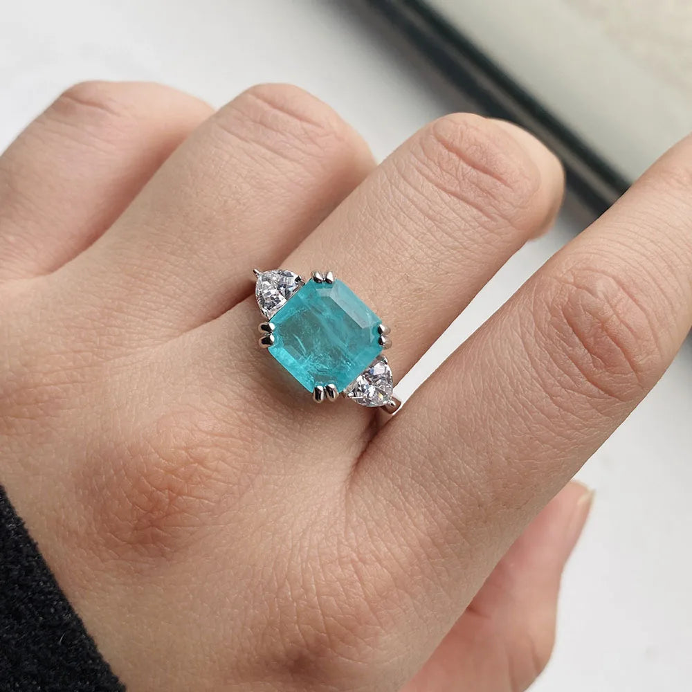 Sterling Silver Blue Tourmaline Square Cut Simulated Gemstone Diamond Ring for Women