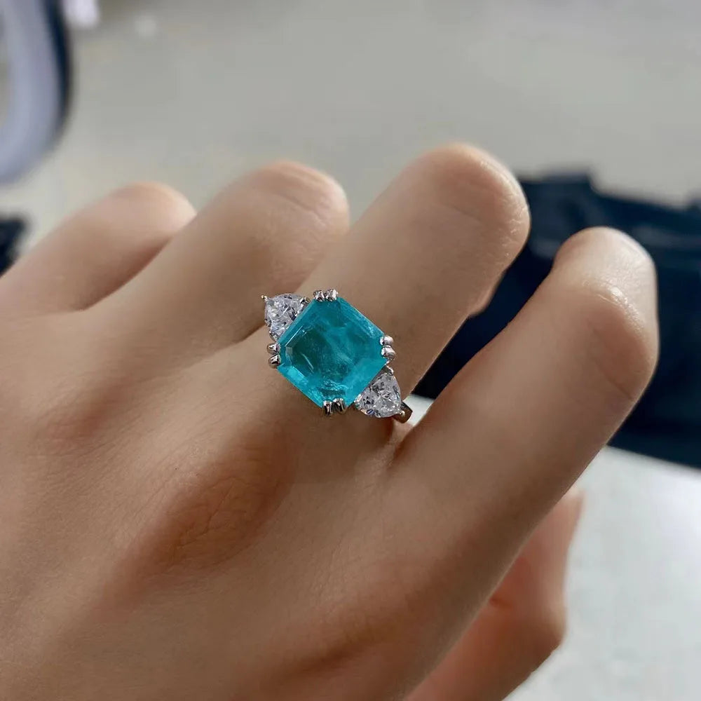 Sterling Silver Blue Tourmaline Square Cut Simulated Gemstone Diamond Ring for Women
