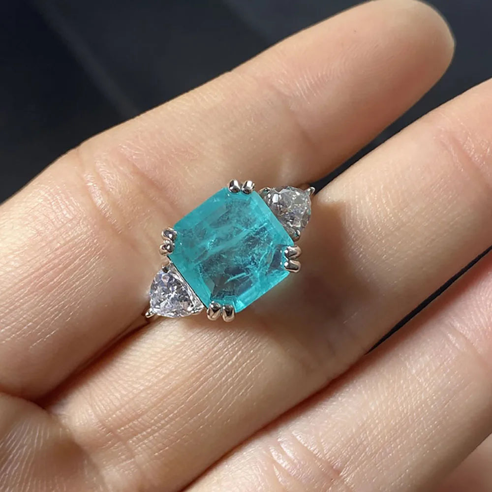 Sterling Silver Blue Tourmaline Square Cut Simulated Gemstone Diamond Ring for Women