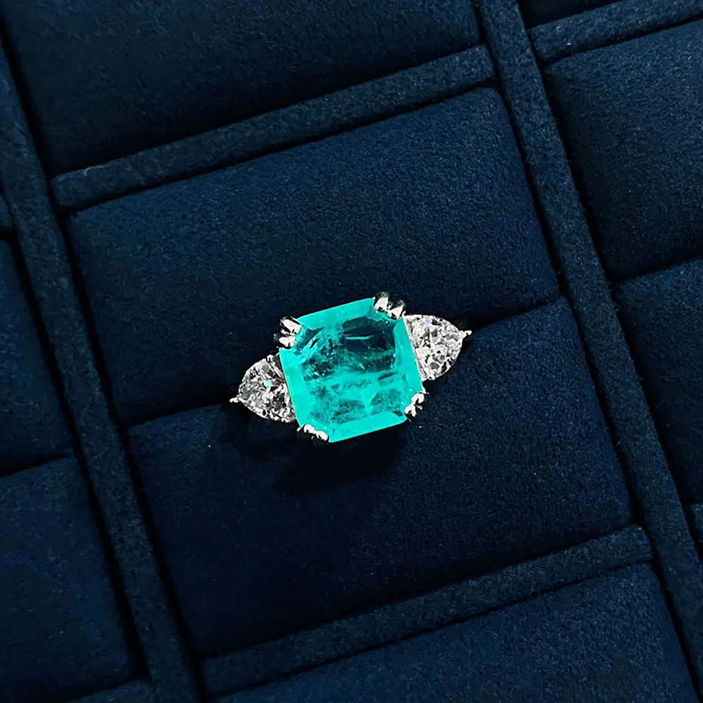 Sterling Silver Blue Tourmaline Square Cut Simulated Gemstone Diamond Ring for Women