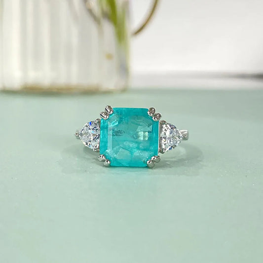 Sterling Silver Blue Tourmaline Square Cut Simulated Gemstone Diamond Ring for Women