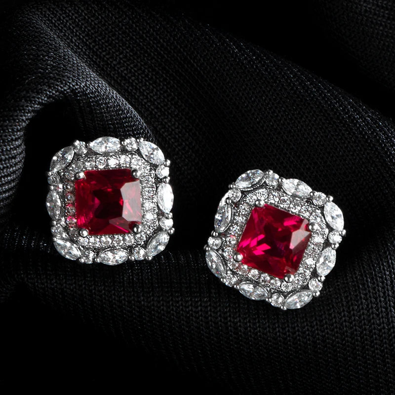 925 Sterling Silver Red Zircon Stud Earrings – Square Ruby-Inspired Design