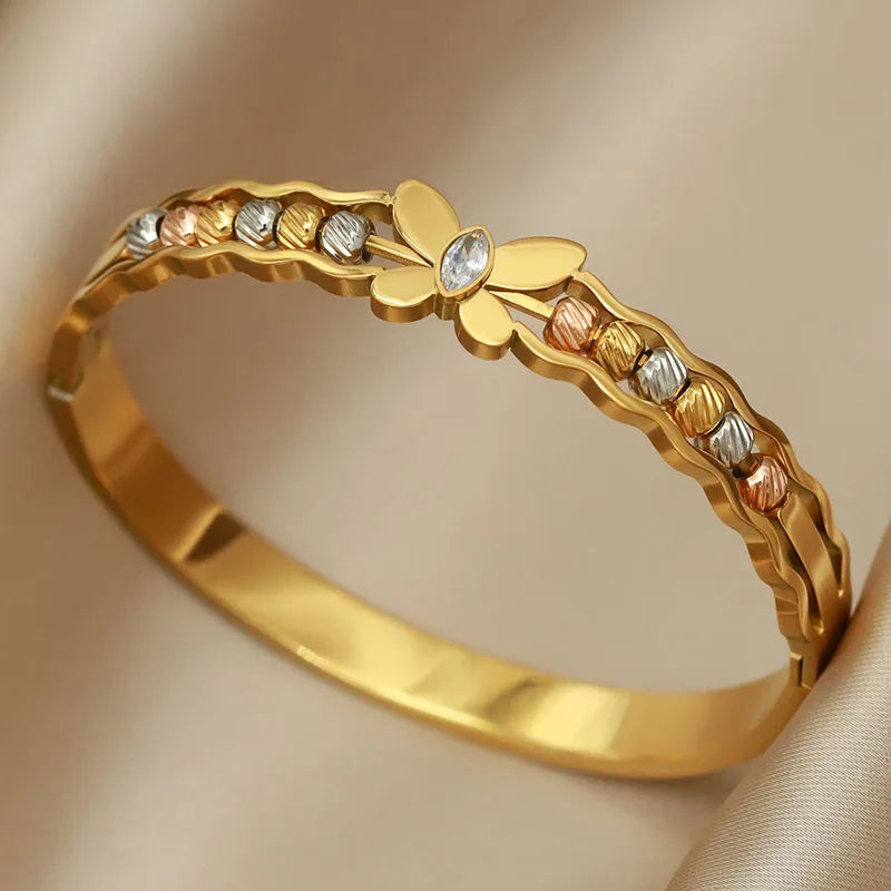 316L Stainless Steel Beaded Cross Bangle – Multicolor Butterfly & Flower