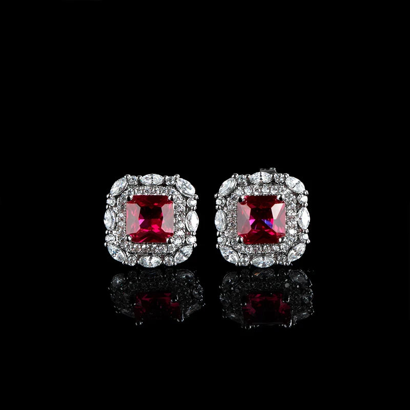 925 Sterling Silver Red Zircon Stud Earrings – Square Ruby-Inspired Design