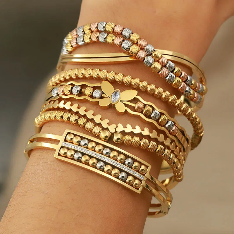 316L Stainless Steel Beaded Cross Bangle – Multicolor Butterfly & Flower