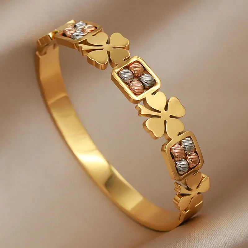 316L Stainless Steel Beaded Cross Bangle – Multicolor Butterfly & Flower
