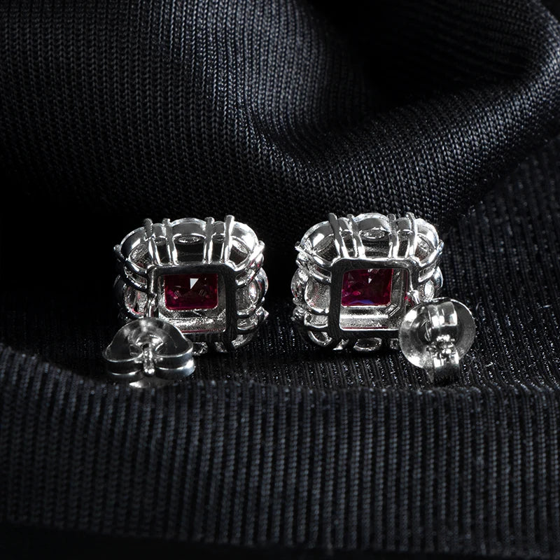 925 Sterling Silver Red Zircon Stud Earrings – Square Ruby-Inspired Design