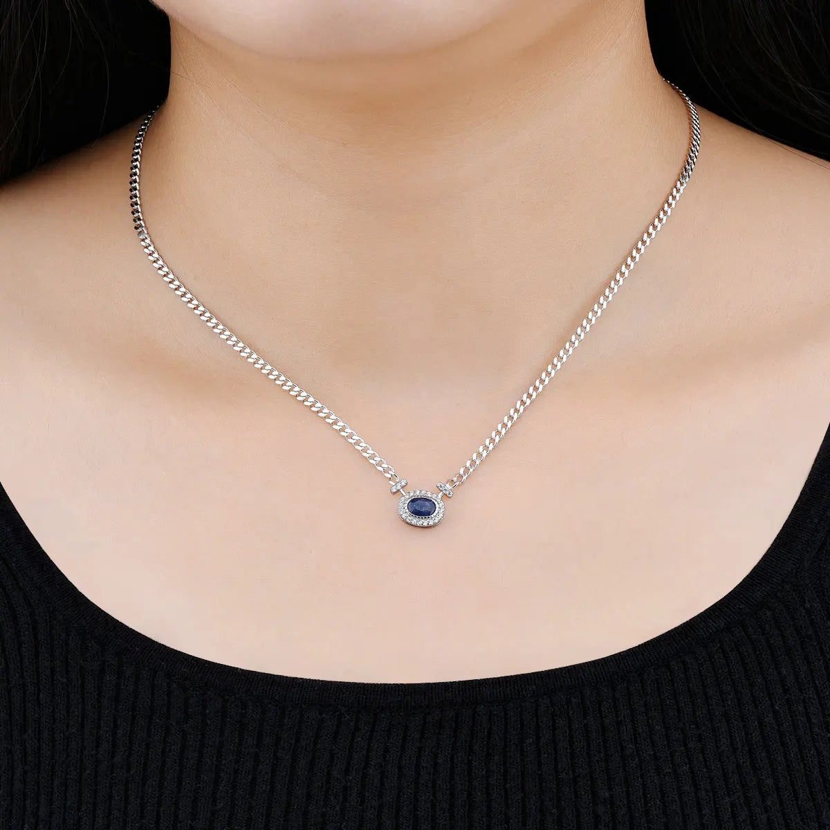 Natural  Blue Sapphire S925 Silver Necklace