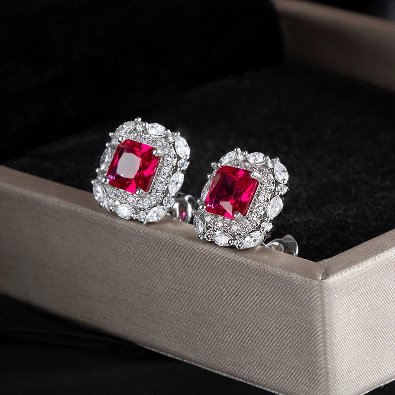 925 Sterling Silver Red Zircon Stud Earrings – Square Ruby-Inspired Design