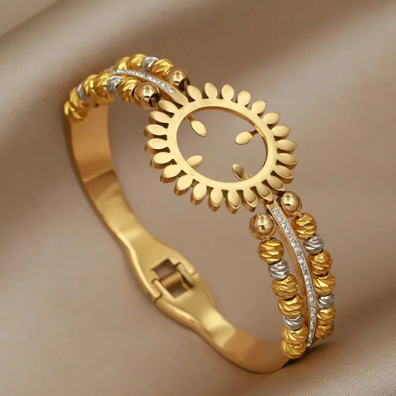 316L Stainless Steel Beaded Cross Bangle – Multicolor Butterfly & Flower