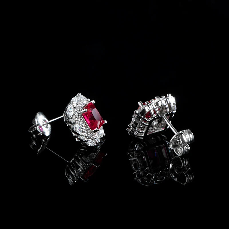 925 Sterling Silver Red Zircon Stud Earrings – Square Ruby-Inspired Design