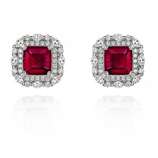 925 Sterling Silver Red Zircon Stud Earrings – Square Ruby-Inspired Design