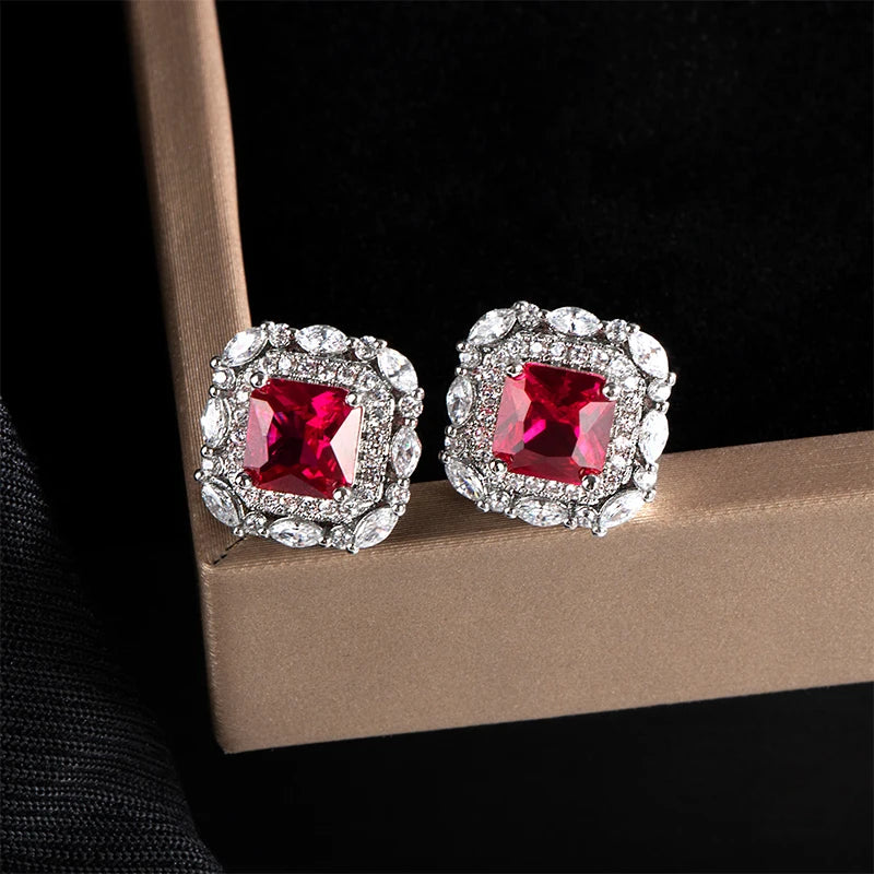 925 Sterling Silver Red Zircon Stud Earrings – Square Ruby-Inspired Design