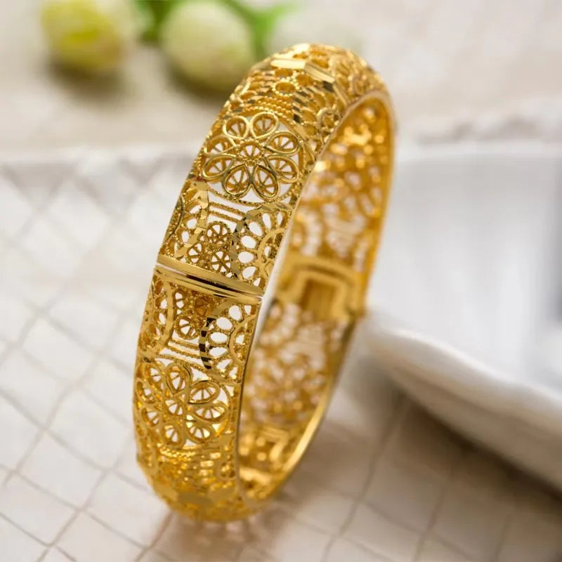 Round Flower Gold-Color Bangle – Algerian Wedding Bracelet (2.36")