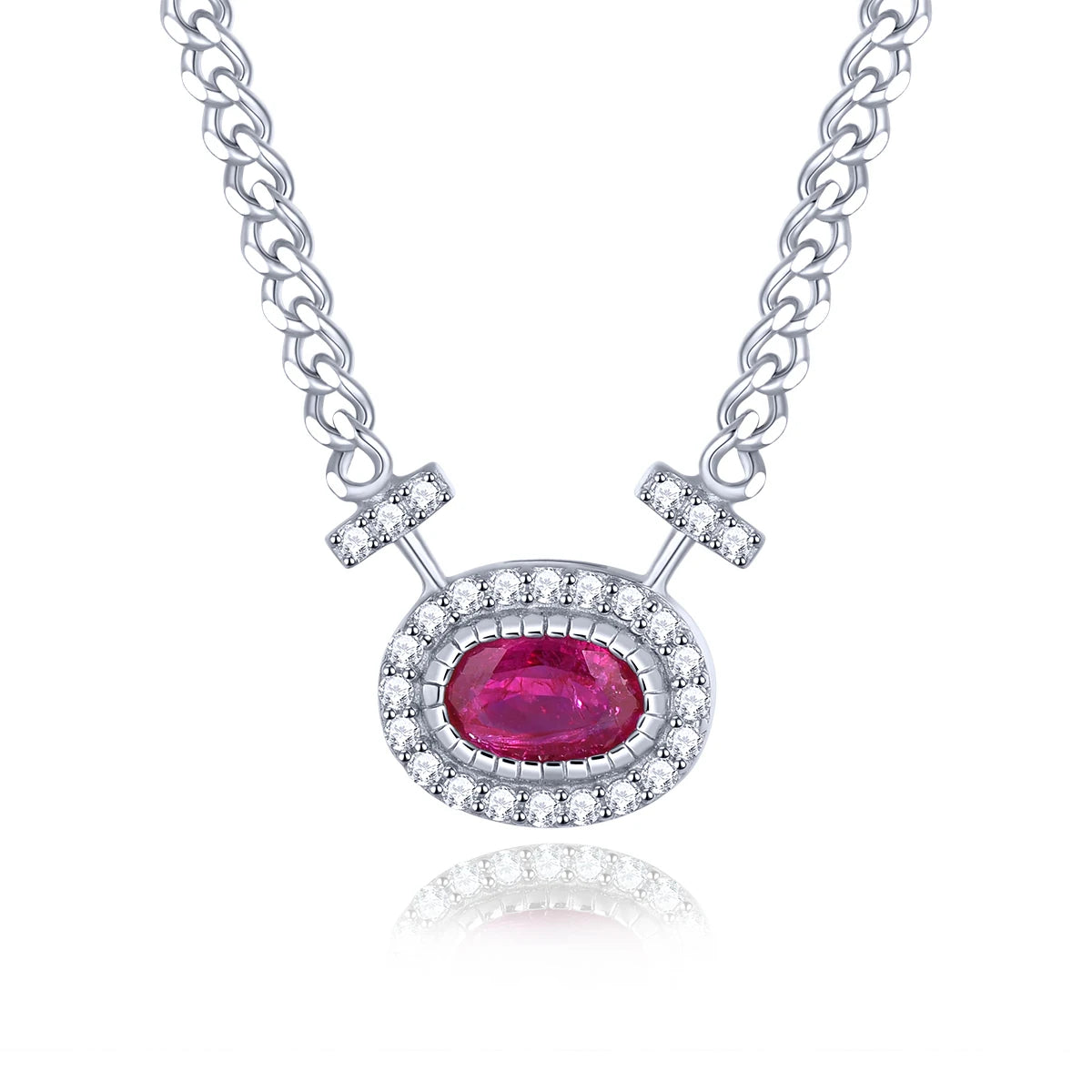 Silver necklace with a pink gemstone pendant on a white background