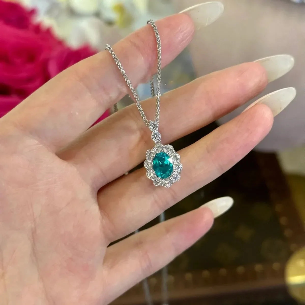 Paraiba-Style Blue-Green Zircon Pendant Necklace – Silver-Plated