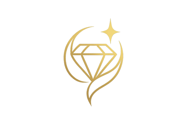 Minimalist luxury logo symbol for a jewelry brand. Abstract design inspired by a gemstone sparkle or a diamond cut, combined with elegant flowing lines. Modern, upscale, sleek style in black and gold. No text, just the icon.